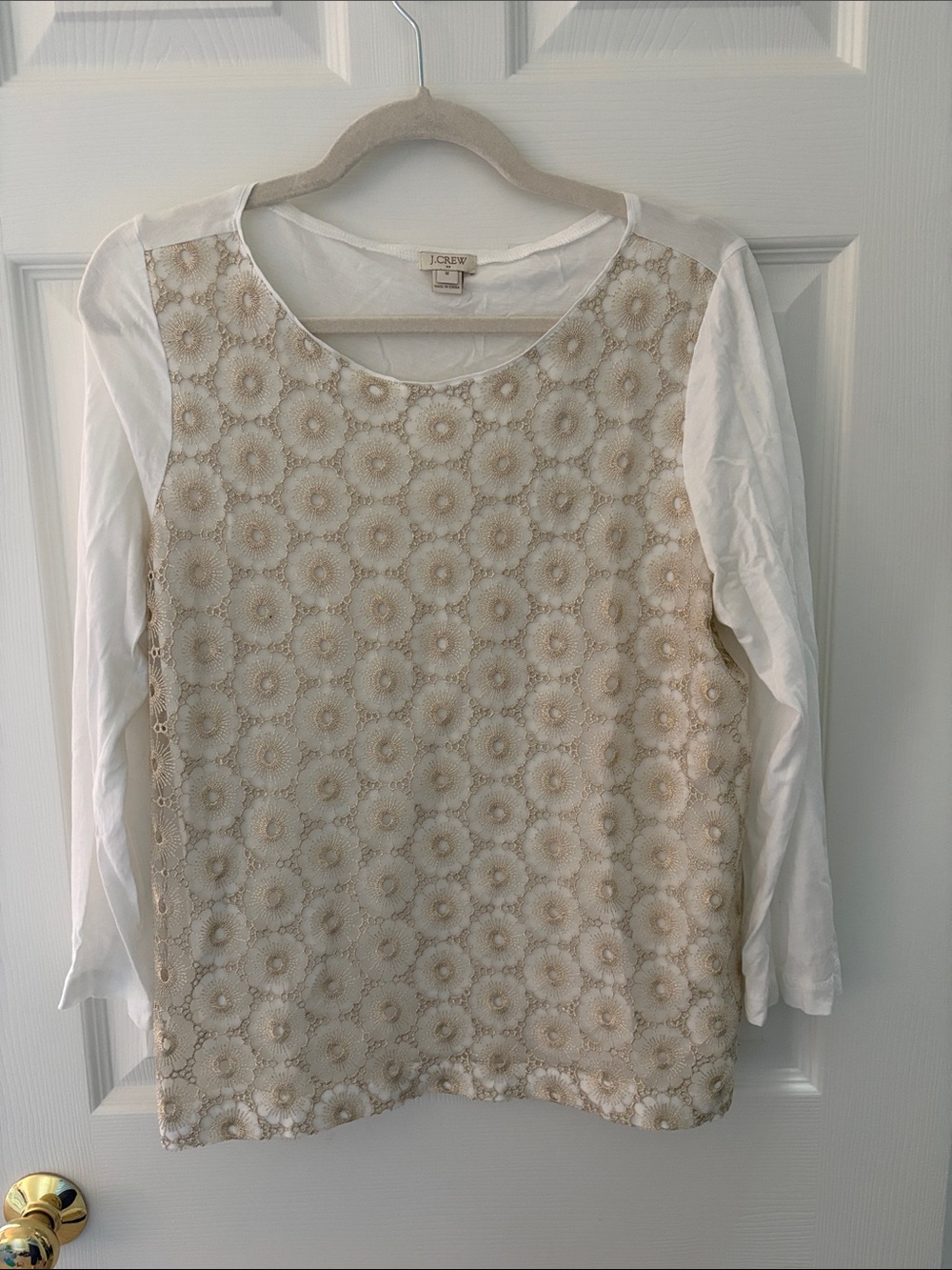 J. Crew White Long-Sleeve Top with Gold Lace Overlay